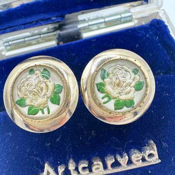 Vintage gold tone domed glass reverse painted intaglio roses cameos cufflinks - Picture 1 of 8